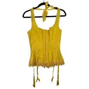 Fredericks of Hollywood Dream Halter Corset Bustier Yellow Floral Brocade Sz 34
